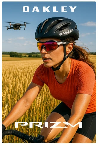 Велосипедистка в очках Oakley PRIZM и спортивной форме Craft едет по рядам зелёных культур, рядом летит дрон-опрыскиватель